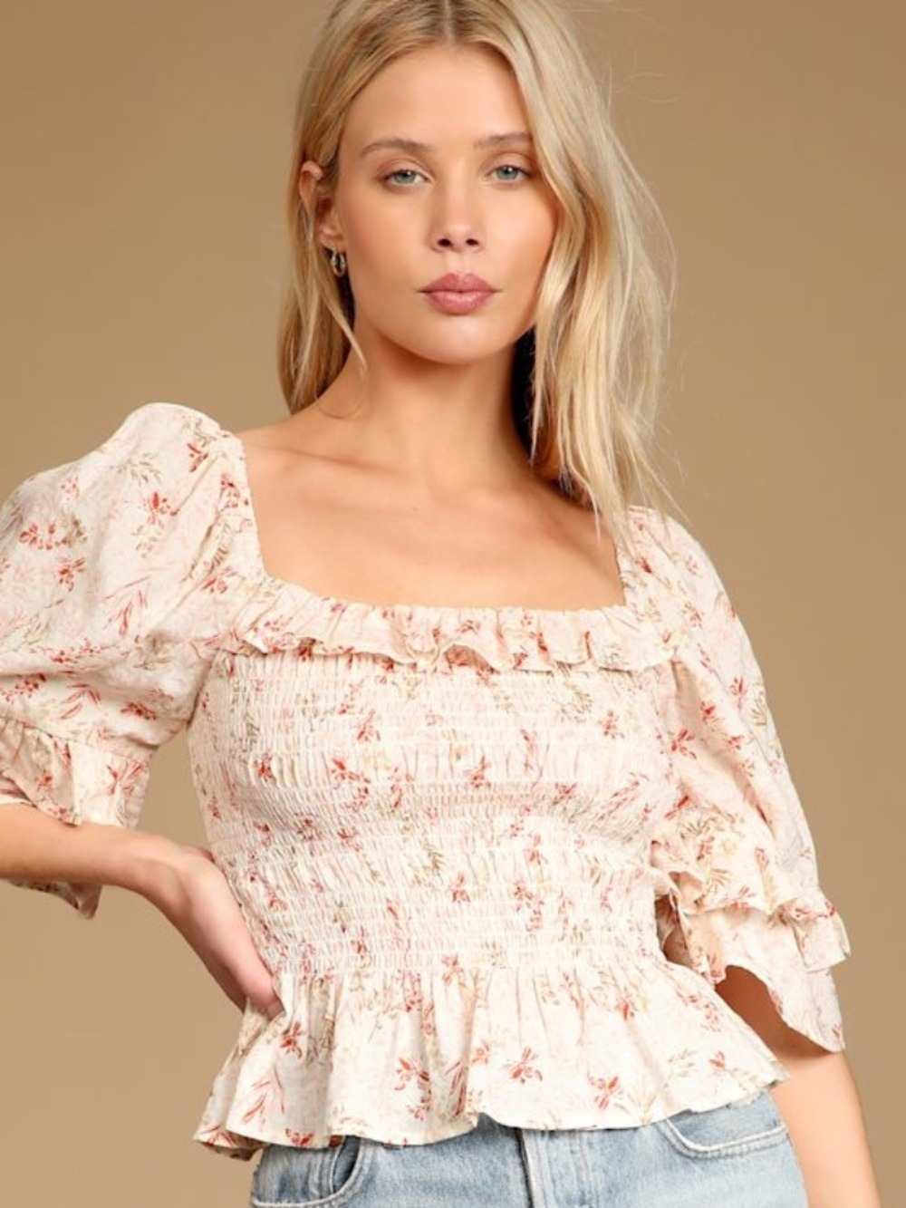 Lulus It's A Real Love Beige Floral Print Smocked Ruffled Top - Size M